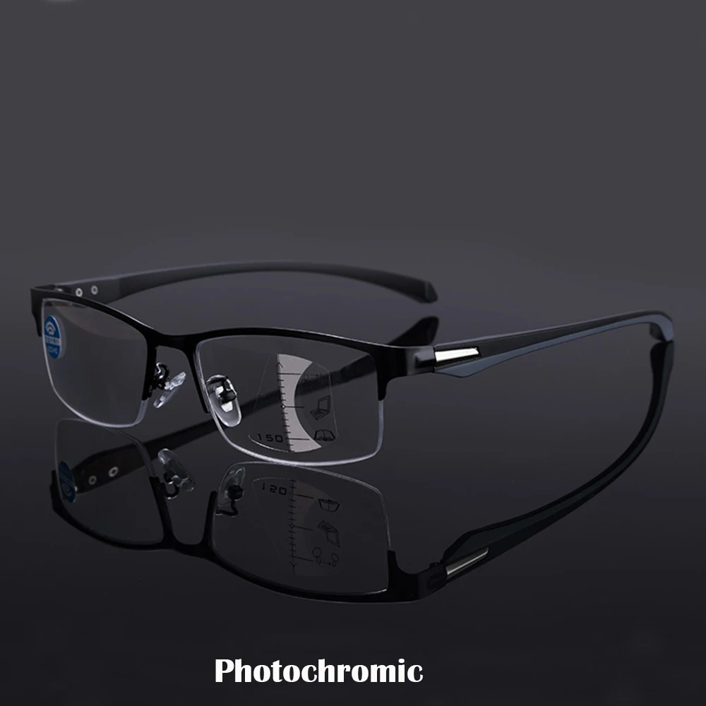 KLASSNUM Men Photochromic Progressive Reading Glasses TR90 Fram Anti-blue Magnifier Half Frame Presbyopia Glasses +1.0 2.5 4.0