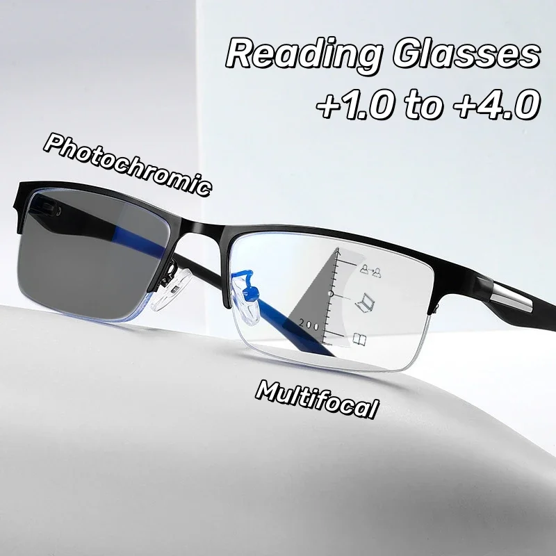 KLASSNUM Men Photochromic Progressive Reading Glasses TR90 Fram Anti-blue Magnifier Half Frame Presbyopia Glasses +1.0 2.5 4.0