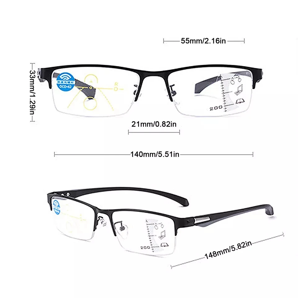 KLASSNUM Men Photochromic Progressive Reading Glasses TR90 Fram Anti-blue Magnifier Half Frame Presbyopia Glasses +1.0 2.5 4.0