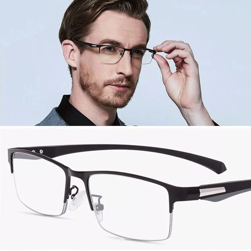 KLASSNUM Men Photochromic Progressive Reading Glasses TR90 Fram Anti-blue Magnifier Half Frame Presbyopia Glasses +1.0 2.5 4.0