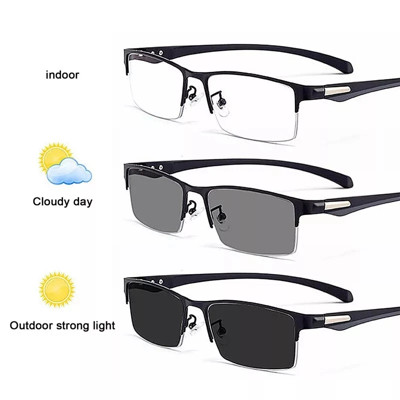 KLASSNUM Men Photochromic Progressive Reading Glasses TR90 Fram Anti-blue Magnifier Half Frame Presbyopia Glasses +1.0 2.5 4.0