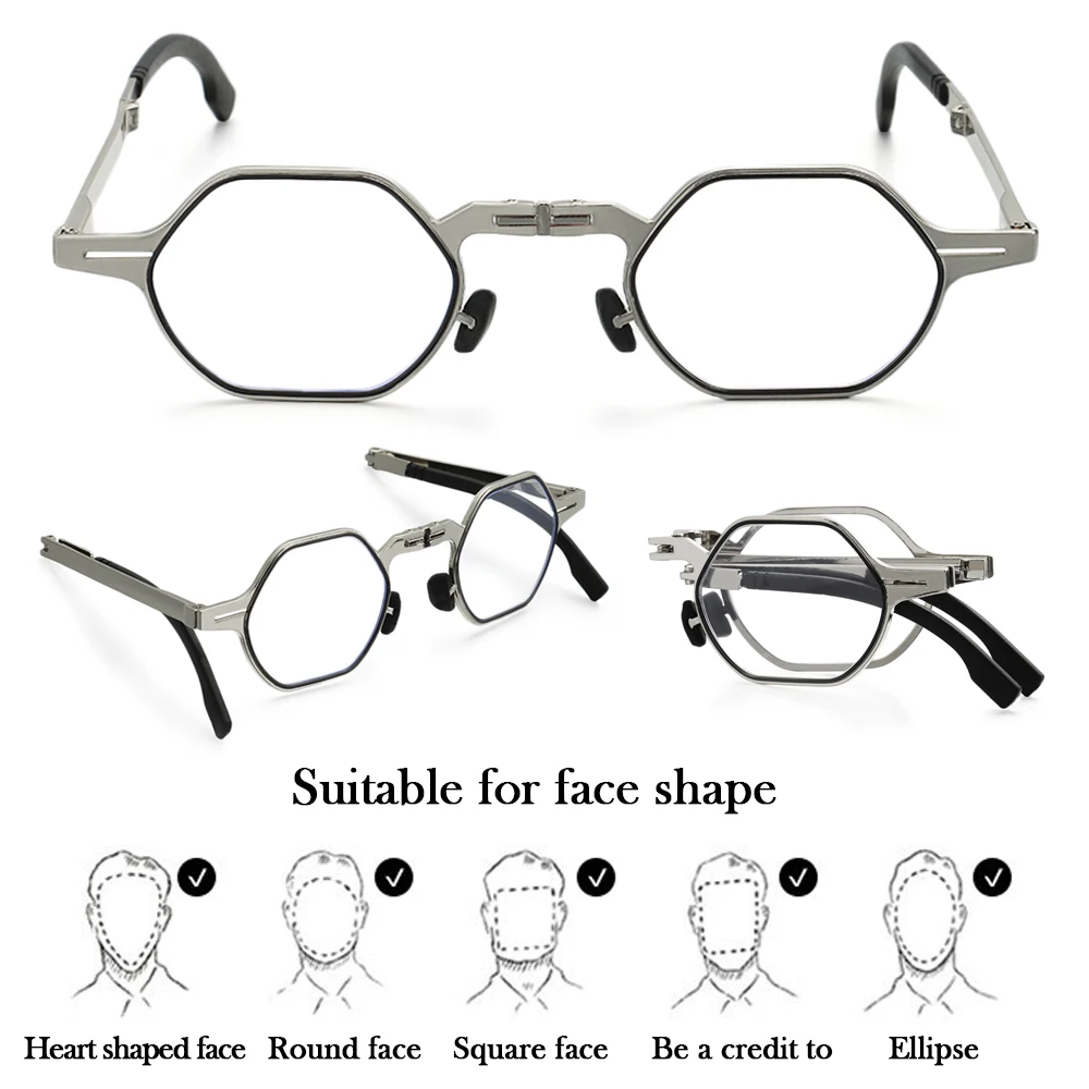 Metal Foldable Reading Glasses Men Round Polygon Frame Computer Magnifier with Case Presbyopia Eyeglasses Diopter+1.0/1.5/4.0