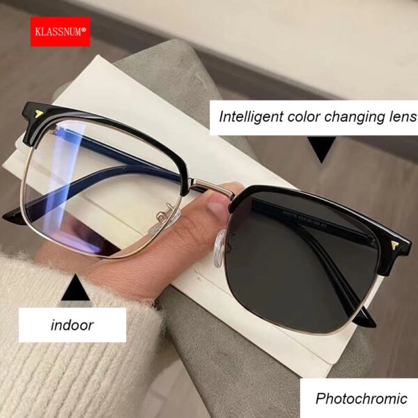 KLASSNUM Men's Photochromic Half-Frame Glasses: Anti-Blue Light, Discoloration, Computer Use