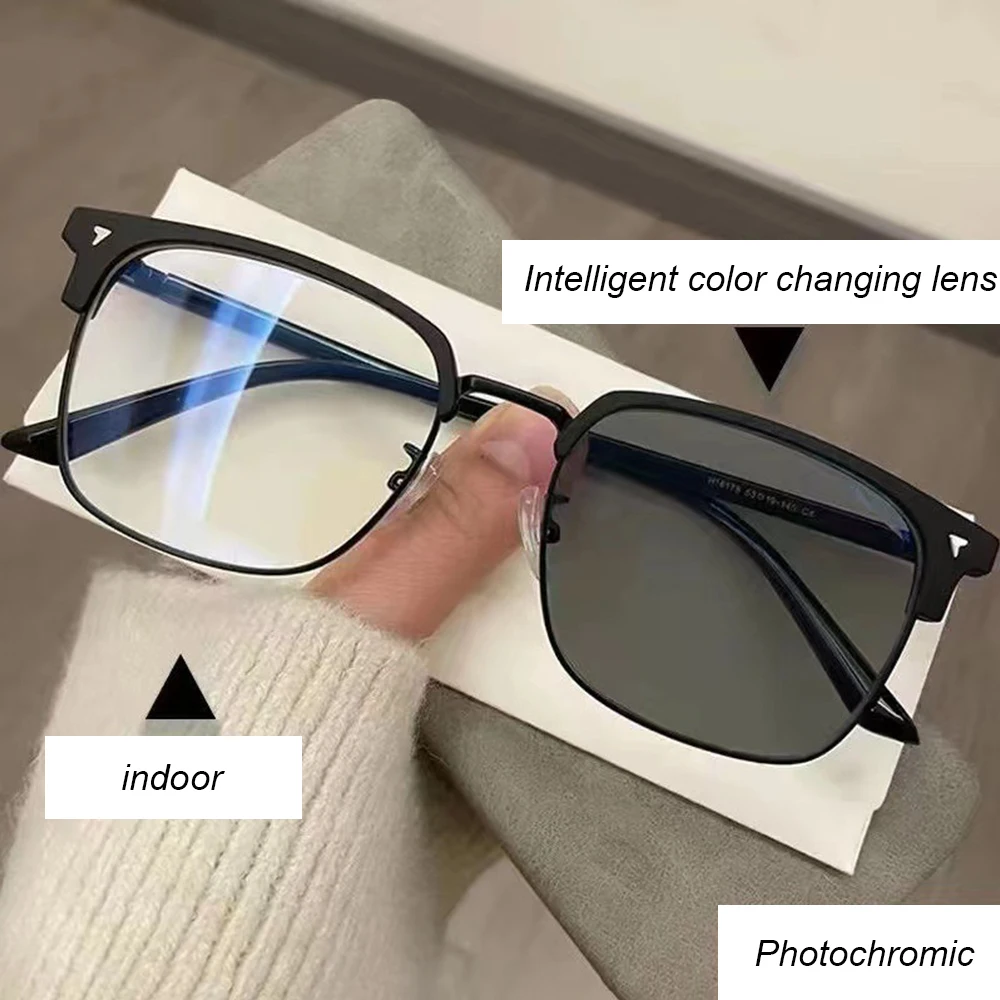 KLASSNUM Man Photochromic Colored Glasses Half Frame Anti Blue Light Discoloration Eyepiece Computer Transparent Sunglasses New