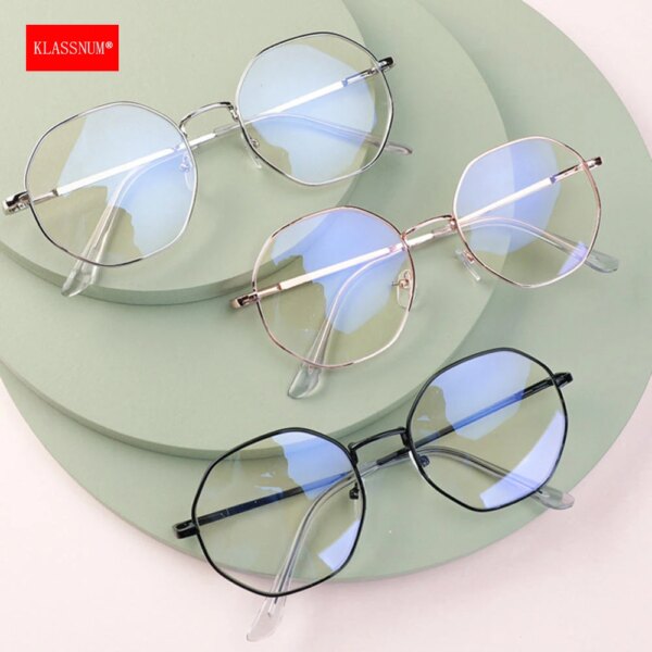 KLASSNUM Transparent Polygon Frame Glasses for Women: Ultra-Light, Anti-Blue Light, Flat Mirror