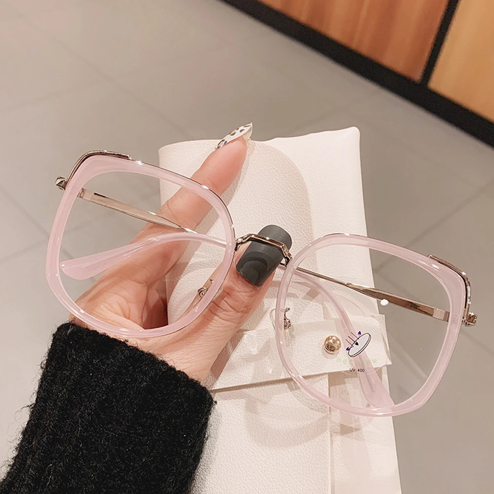 1PCs Fashion Oversized Square Women Glasses Frame Vintage Clear Anti-Blue-Ray Eyewear Men Optical Pink Frame Computer Goggle