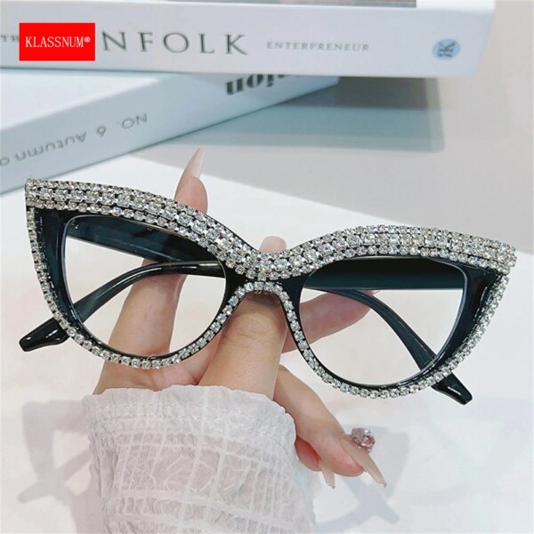 KLASSNUM Designer Cat Eye Sunglasses for Women: Rhinestones & Vintage Style