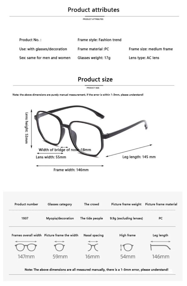 Large Frame Blue Light Blocking Glasses for Women & Men: Zero Lens - Image 6