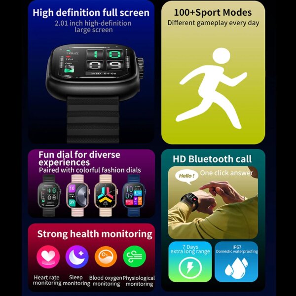 2.01" Smartwatch – Flashlight, Temperature Monitor, Bluetooth Calling & Fitness Tracking (2024) - Image 2