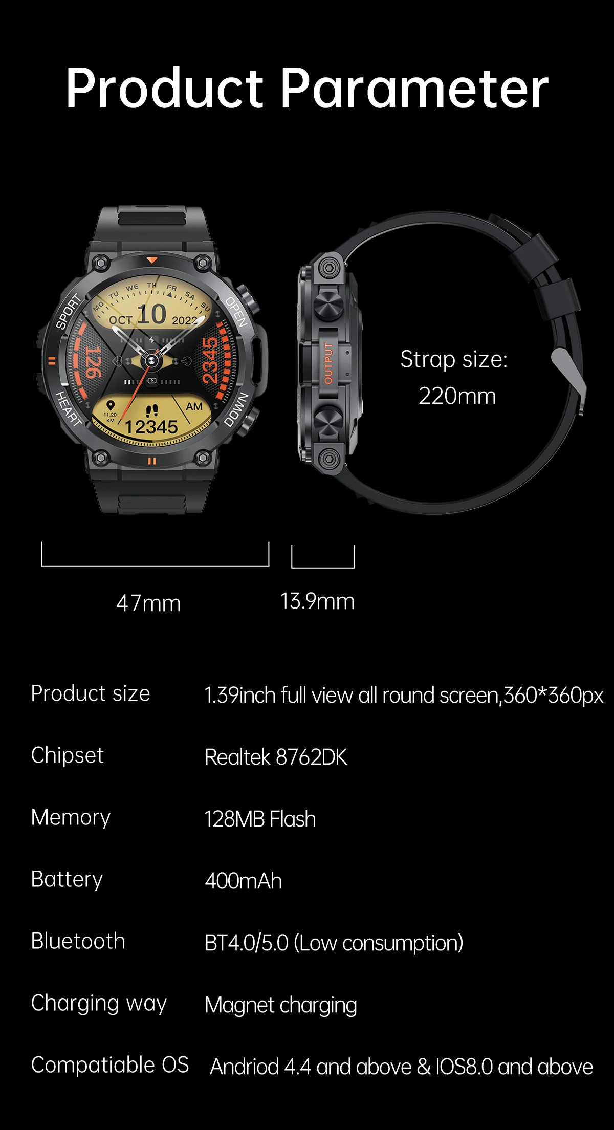 Military Men Smart Watch 400mAh BT HD Calling Music Fitness Tracker 100+ Dial Sport Waterproof Smartwatch for Android Phone 2024