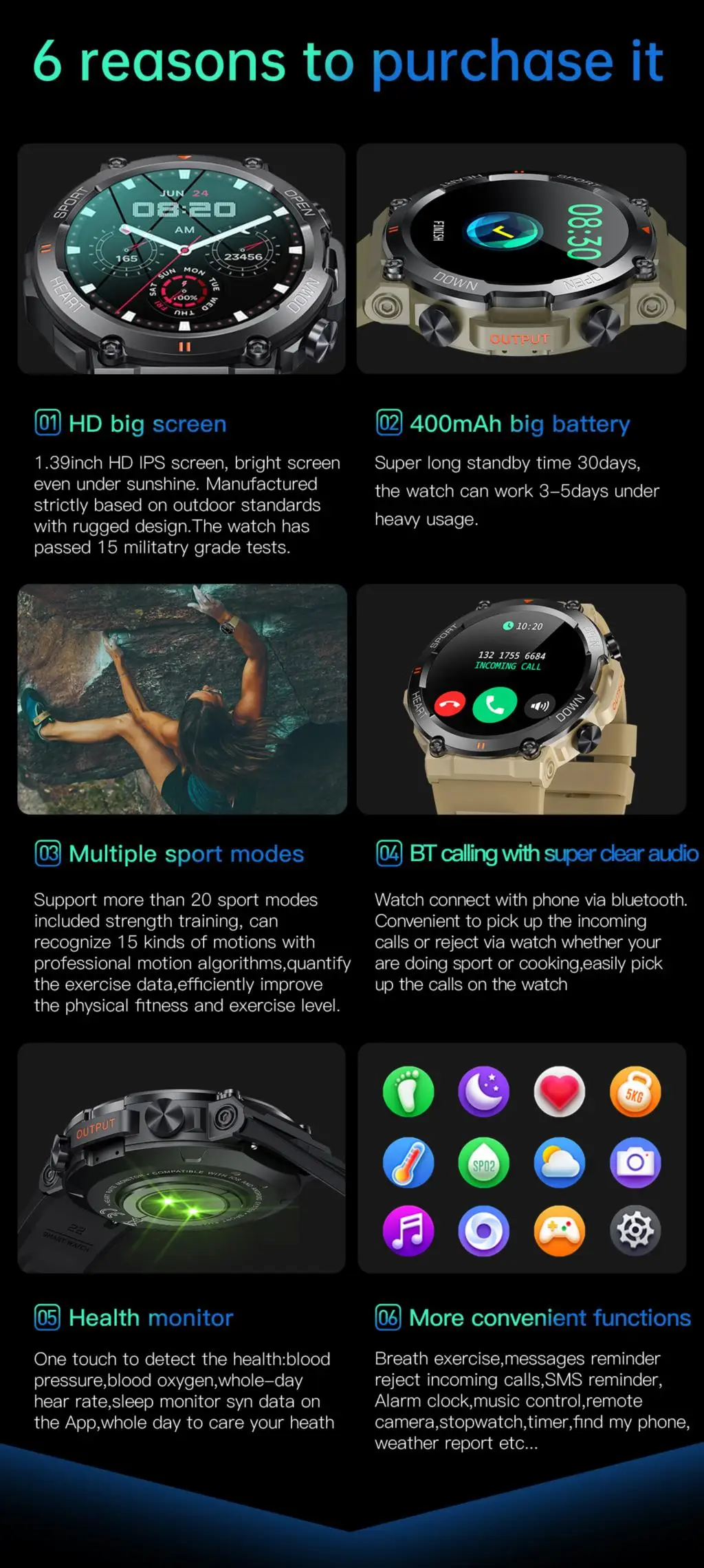 Military Men Smart Watch 400mAh BT HD Calling Music Fitness Tracker 100+ Dial Sport Waterproof Smartwatch for Android Phone 2024