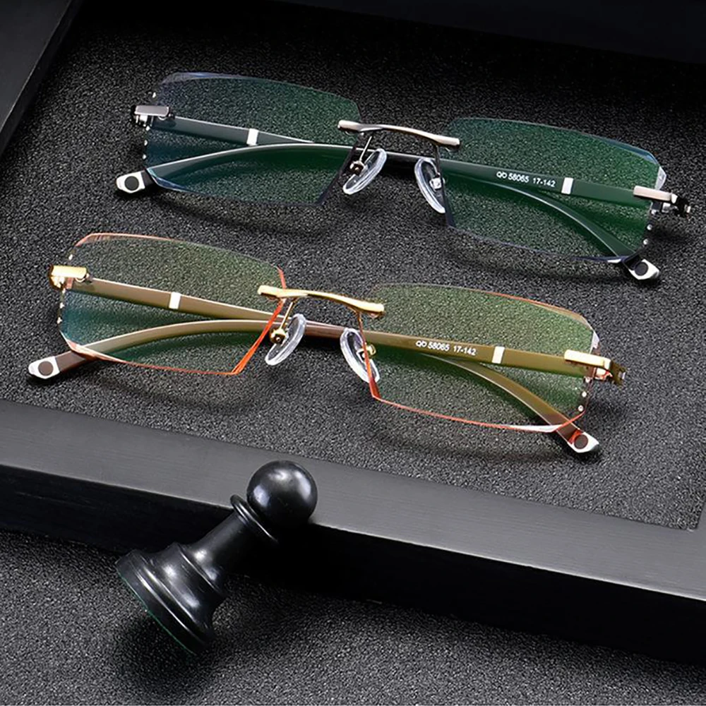 KLASSNUM Men Reading Glasses Rimless Cut Edge Presbyopic Glasses Anti Blue Light Anti Fatigue Plus Glasses Presbyopia Clear Lens