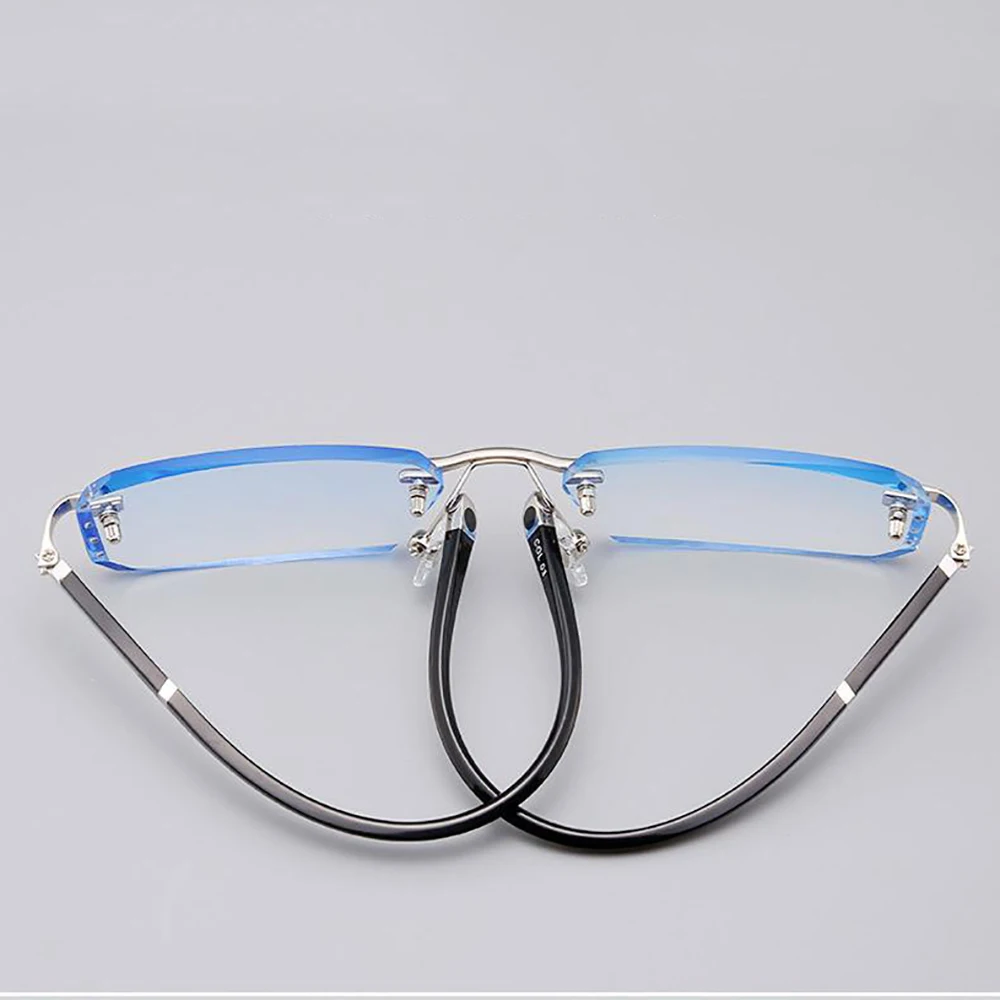 KLASSNUM Men Reading Glasses Rimless Cut Edge Presbyopic Glasses Anti Blue Light Anti Fatigue Plus Glasses Presbyopia Clear Lens